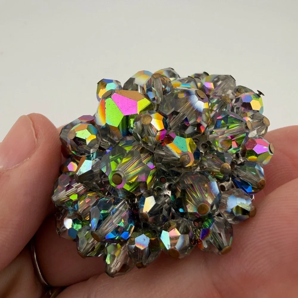 Vintage Dome Crystal Brooch Multicolor AB Aurora Borealis Cluster Filigree Retro